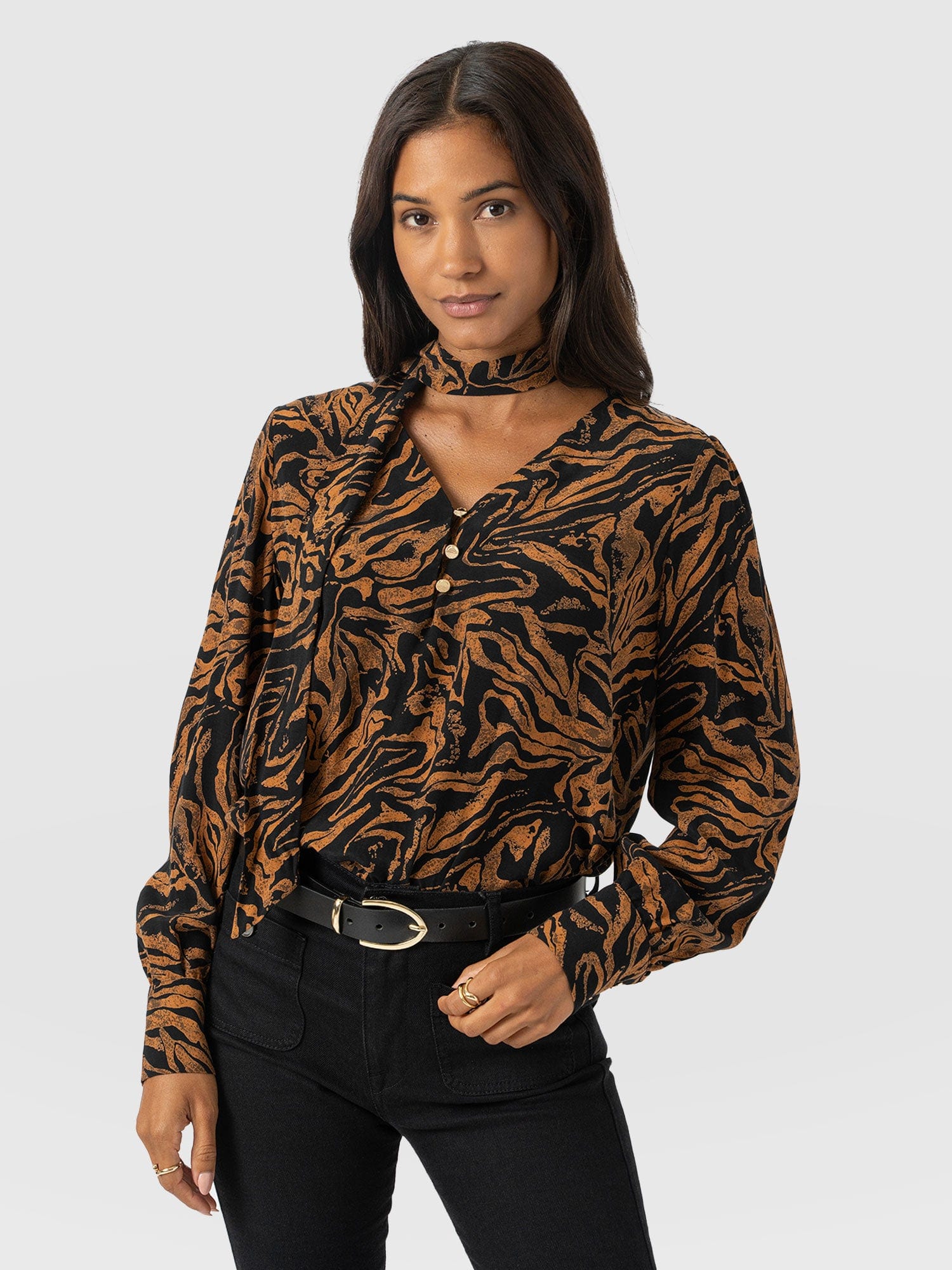 Joselyn V Neck Blouse - Brown Zebra - Women's Blouses | Saint + Sofia® USA